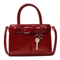 Chic red faux leather underarm bag with gold key pendant and decorative belt buckle - Burgundy