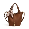 Brown litchi grain bucket bag with a golden lock and patterned silk scarf accent - Large / Brown