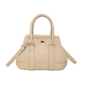 Beige litchi grain handbag with dual handles and a metallic circular clasp closure - Khaki
