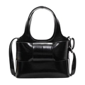 Bolso de mano negro brillante con lazo grande decorativo y correa de hombro plata - Negro