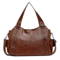 Bolso tote de cuero marrón retro con cremalleras dobles funcionales y gran capacidad - Marrón