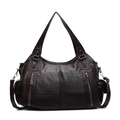 Bolso tote grande marrón oscuro con textura de cuero plisado vintage y doble cremallera - café