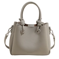 Light gray pebbled leather bucket bag with top knot handle and slim crossbody strap - No Pendant / Light Blue