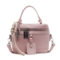 Pink lychee grain leather box handbag with crossbody strap and woven rope charm - With Pendant / Pink