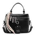 Black box-style crossbody bag with pebble grain leather texture and woven charm - With Pendant / Black