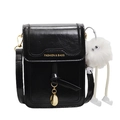 Minimalist black glossy crossbody phone bag with a cute white plush doll keychain - With Pendant / Black
