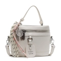 Chic beige lychee leather bucket bag with top handle and tennis racket charm - With Pendant / Off White