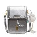 Silver metallic leather crossbody phone bag with FASHION & BAGS print and plush charm - With Pendant / Silver