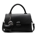 Minimalist black pebble leather handbag with heart-shaped metal charm and top handle - With Pendant / Black