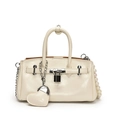 Creamy white fashion handbag with silver lock and decorative pearl strap details - With Heart Pendant / Off White