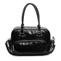 Borsa Boston nera lucida in pelle PU con cuciture a fiocco e doppi manici - Nero