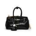 Black glossy patent leather handbag with metal lock, heart charm and pearl chain details - With Heart Pendant / Black