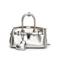 Silver metallic leather bucket bag with heart charm and signature chain strap - Silver