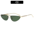 Occhiali da sole cat eye senza montatura con lenti verde scuro e aste con perle dorate - Montura Dorata Lenti Verdi