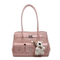 Pink glossy faux leather shoulder bag with metallic clasp and cute teddy bear charm - Pink With Plush Dog Pendant