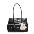 Elegant black glossy PU leather underarm bag with silver hardware and bear charm - Black With Plush Dog Pendant
