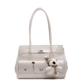 Chic white faux leather underarm bag with cute plush bear pendant and metal locks - Cream White With Plush Dog Pendant