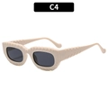 Square beige frame sunglasses with crossover stitch detailing and dark gray lenses - Cream White Frame Gray Lens