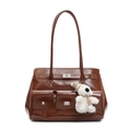 Retro brown faux leather shoulder bag with silver hardware and plush puppy charm - Brown with Dog Pendant