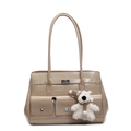 Beige faux leather underarm bag with silver turn locks and cute teddy bear charm - Khaki with Dog Pendant