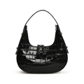 Sac à bandoulière en cuir verni noir gaufré crocodile avec détails en métal argenté - Noir