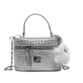 Silver woven texture box handbag with top handle and metal chain strap in metallic finish - Silver (With Fluffy Charm)