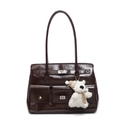 Dark brown glossy leather shoulder bag with decorative front pockets and plush bear charm - Coffee with Dog Pendant