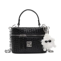 Black woven box bag with silver chain strap and white plush eye charm accessory - Black (With Fluffy Charm)