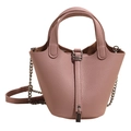 Pink lychee grain leather bucket bag with silver lock and metal chain strap - No Pendant / Pink