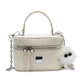 Mini cream vanity box bag with woven texture, metal chain, and cute plush charm - Rice White (With Fluffy Charm)