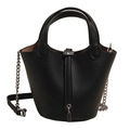 Chic black lychee grain leather bucket bag with silver lock and chain strap - No Pendant / Black