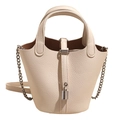 Classic cream leather bucket bag with top handles and silver chain strap for women - No Pendant / Off White