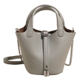 Grey pebbled leather bucket bag with silver hardware and chain strap on white backdrop - No Pendant / Blue