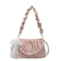 Bolso de hombro plisado rosa con cadena de perlas blancas y lazo de encaje - Rosa con Bufanda