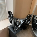 Minimalist black glossy hobo bag with artistic pleated handle for women - Black