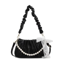 Bolso nube fruncido negro con cadena de perlas y lazo de encaje blanco para mujer - Negro con Bufanda