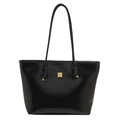 Elegante borsa sottobraccio nera lucida con spalline lunghe e logo in metallo dorato - Nero