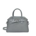 Bolso de mano gris con textura tejida, detalles de cuero azul claro y asa superior - Azul