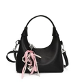 Black small square crossbody bag with bow ribbon and pearl heart pendant charm - Black