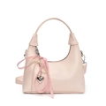 Pink faux leather crossbody bag with pearl ribbon charm and detachable strap - Pink