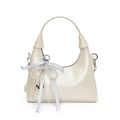 Pearl white hobo handbag with pearl bow, ribbon and silver heart pendant detail - White