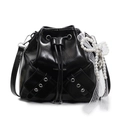 Sac seau plissé noir brillant avec perles décoratives, nœud en dentelle et détails argentés - Noir Avec Nœud Perles Cœur