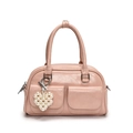 Light pink shiny PU leather Boston bag with front flap pockets and pearl heart charm - Pink With Heart Pendant