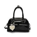 Chic black glossy Boston bag with pearl heart charm and front pockets for women - Black With Heart Pendant