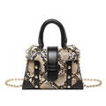 Mini borsa a mano con stampa serpente, manico in pelle nera e dettagli con borchie dorate - Cachi