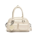 Chic beige patent leather Boston bag with heart pearl charm and front twin flap pockets - White With Pearl Heart Charm