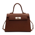 Dark brown leather Kelly style handbag with gold chain strap and turn-lock closure - Large / Brown