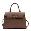 Sac à main trapèze en cuir marron avec grain litchi et fermoir doré rotatif - Petit / Kaki