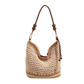 Borsa a spalla intrecciata beige con tracolla in pelle marrone e perline di legno - Cachi Piccolo