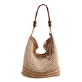 Borsa a tracolla intrecciata beige con strisce marroni e perline in legno per spiaggia - Cachi Grande